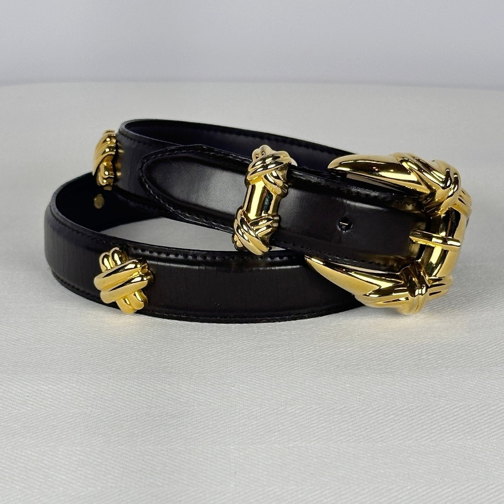 Captiva Black Leather Belt Sculptural Vintage Gold Knotted Hardware Size M